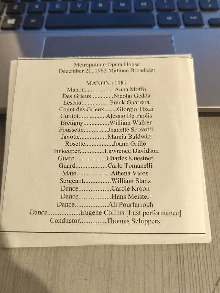 LIve Recorded Opera CD -1611 Manon 1963 Moffo Gedda Guarrera Tozzi Paolis Grillo - Image 1 of 1