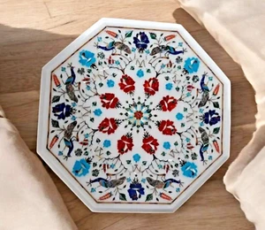 White Marble Coffee Table Top | Lapis Inlay Pietra Dura Marquetry Art Furniture - Picture 1 of 12