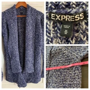 Express Sweater Women's Medium Knitted Open Cardigan Blue Wool Blend READ - Picture 1 of 12