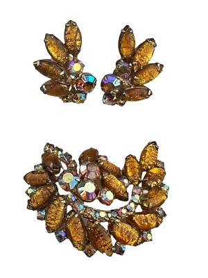 Vintage Fiery Yellow & AB Crystal Demi Parure Brooch & Clip on Earring Set - Image 1 of 4