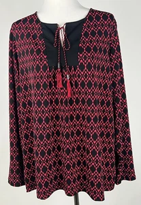 Susan Graver Neu ohne Etikett flüssiges Strick-Top Geo-Druck mit Quasten zum Binden koralle/schwarz Gr. XXS - Bild 1 von 4