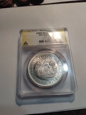 Mexico 5 Peso Silver  1950 ANACS Graded MS62 Rail road - Image 1 of 4