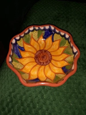 Beautiful Sunflower Hand Made Hand Painted Pottery Bowl Signed From Portugal - Image 1 of 4