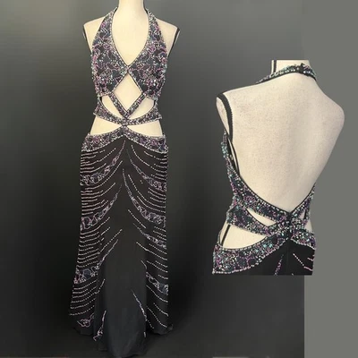 Vestido de Hadas Vintage Y2k Seda Cuentas Negro Rosa Aqua Corte Vestido de Noche Halter  Foto 1 de 4