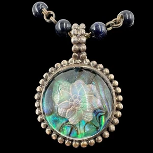 Stephen Dweck 925 Flower Pendant Glass Beaded Necklace Abalone 1998 - Picture 1 of 23
