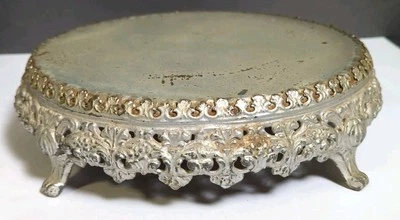 Antique Ornate Table Mirror Plateau Raised Feet Victorian Silver Tone Metal 10" - Image 1 of 4