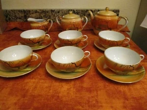 17 piece Antique (1930s) eggshell Tea set Hand Painted scenery - Made in Japan - Picture 1 of 12