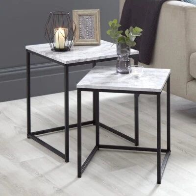 Set Of 2 Coffee Table Marble Effect Top Nest Of Tables With Black Metal Frame - Image 1 of 4