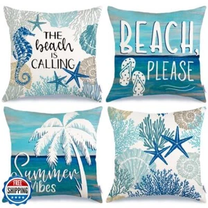 GEEORY Summer Pillow Covers 18x18 Inch Set of 4, Summer Vibes The Beach is Ca - Picture 1 of 5