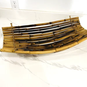 Bamboo Reed Wood Centerpiece Basket Serving Tray Tropical Vintage MCM Tiki Boho - Picture 1 of 4