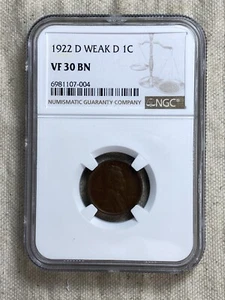 1922 D LINCOLN WHEAT CENT NGC VF30 WEAK D Freshly Graded - Picture 1 of 9