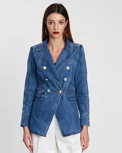 MOSSMAN blue lined double-breasted slim cotton blend denim jacket blazer / sz 10 - Picture 1 of 10
