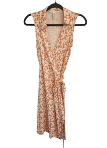 Diane Von Furstenberg Wrap Dress 100% Silk Jersey Size 4 Orange & Ivory Floral - Picture 1 of 6
