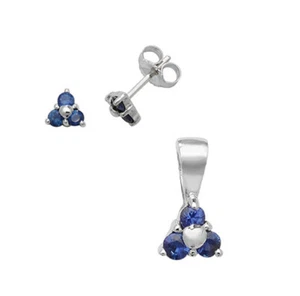 Zafiro Colgante Y Pendientes Set Tres Piedra Trilogía 9ct Oro Blanco Contraste - Imagen 1 de 3