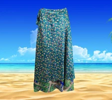 Womens Long Wrap Skirt, Teal Blue Floral Beach Cover Up, Boho Two Layer One size