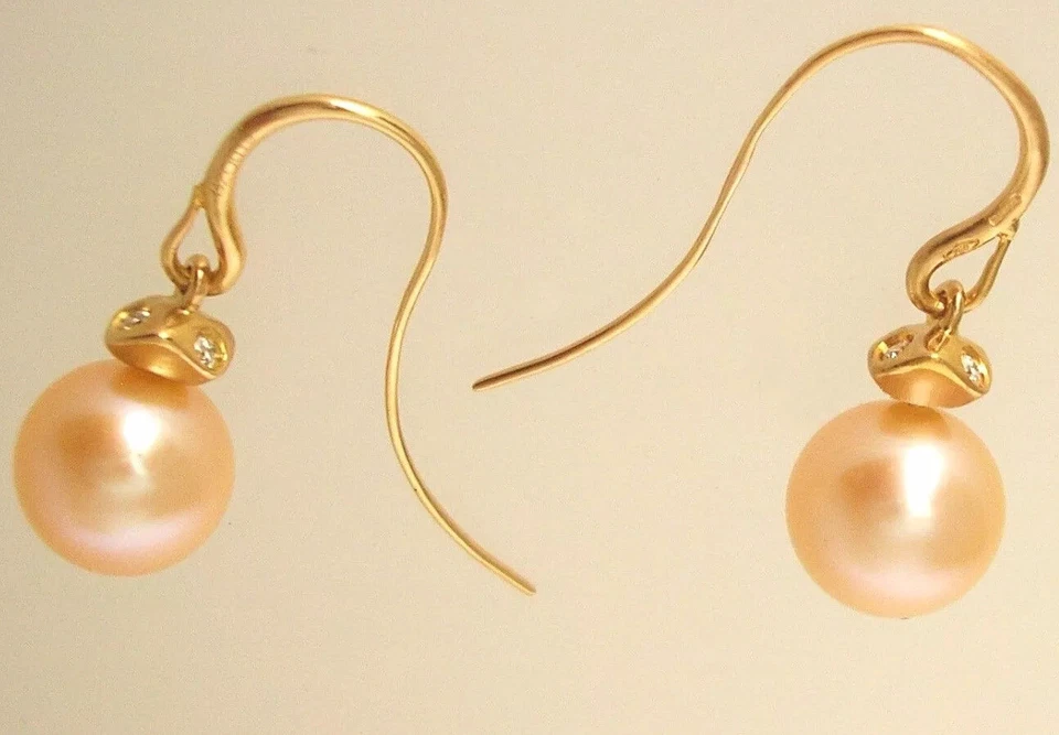 Exceptional!  Utopia 18K RG 10.5mm Round Peach Pearl Drop Earrings w/Diamonds - Image 1 of 1