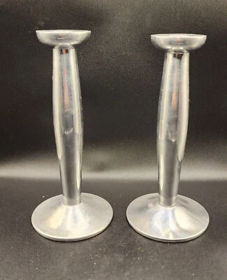 2 Pottery Barn Pewter Pedestal Pillar Candlestick Holders, 9" Tall - Pair EUC - Image 1 of 4