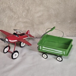 Vintage Red Airplane with Green Wagon Metal Ornament – Retro Christmas Decor - Picture 1 of 4