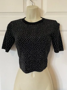 Alice + Olivia Silver Embellished Studded Knit Black Short Sleeves Crop Top XS - Picture 1 of 10