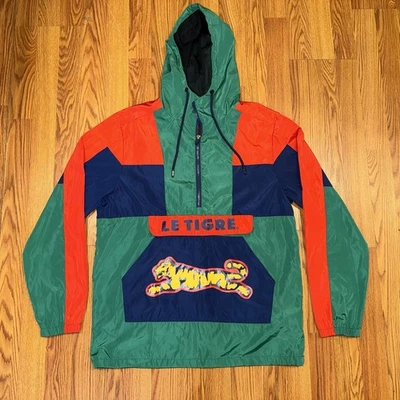 Chaqueta cortavientos Le TIGRE mediana verde rojo azul nailon sudadera con capucha Anorak M Tiger Foto 1 de 4