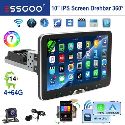 10 Zoll Android14 Autoradio 4+64G Carplay 1 DIN GPS Navi BT Drehbarer Bildschirm - Bild 1 von 4