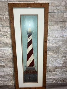 Nautical Wood Framed Art Print by Warren Kimble Red Lighthouse 91/2x301/2 - Picture 1 of 8