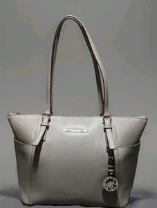 MICHAEL KORS SAFFIANO LEATHER GRAY CHARLOTTE CIARA ZIP TOTE SHOULD BAG - Picture 1 of 11