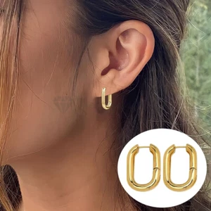 Gold Plated 925 Sterling Silver Oval Rectangle Sleeper Hoop Earrings 10MMx14MM - Picture 1 of 12
