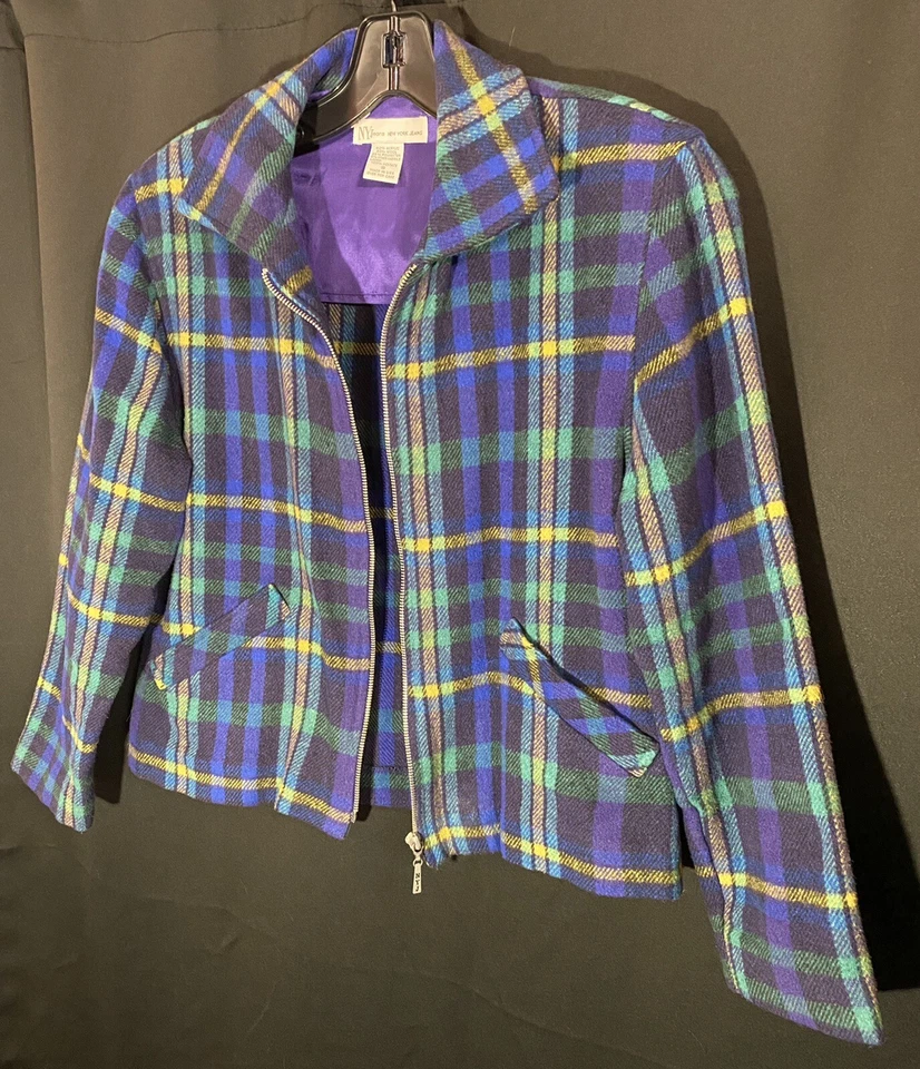 Chaqueta de mezclilla New York vintage años 90 azul verde baird a cuadros mezcla de lana cremallera Y2K talla S Foto 1 de 4