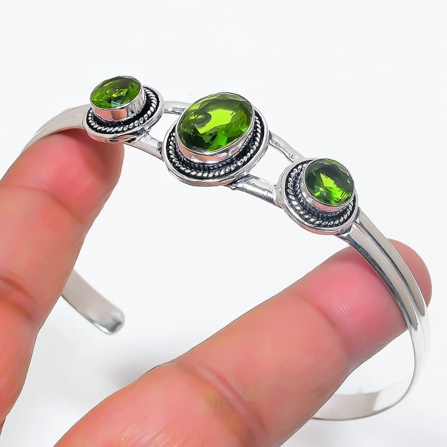 Green Peridot Gemstone 925 Sterling Silver Jewelry Cuff Bracelet Adjustable - Image 1 of 1