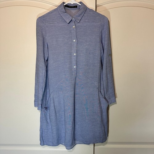 VETEMENTS Zara Basic Camicia Mini Abito Manica Lunga Tasche Blu Popeline Mezzo Bottone XS