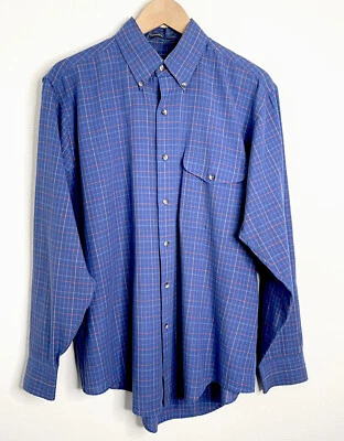 John Weitz 衬衫男式蓝色格子长袖纽扣 L 码 — 第 1/4 张图片