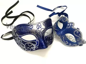 Blue Masquerade Eye Mask Pair Venetian Classic Carnival Festival Dress up Party - Picture 1 of 8