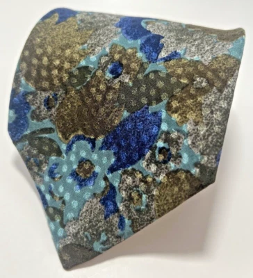 Louis Féraud 男式 100% 真丝领带绿色和蓝色抽象花卉圆点复古 — 第 1/4 张图片