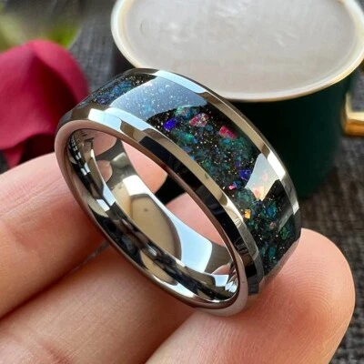 Hermoso anillo de compromiso de boda de carburo de tungsteno anillo de ópalo galaxia de 8 mm Foto 1 de 4