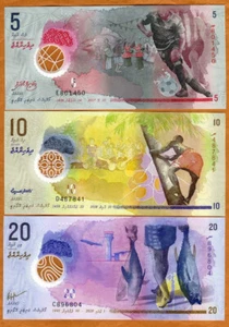 SET Maldives, 5-10-20 Rufiyaa, 2017-2020, P-A26-26-27 Polymer UNC - Picture 1 of 2