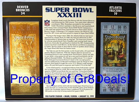 SUPER BOWL 33 BRONCOS vs FALCONS NFL 22 KT GOLD SB XXXIII TICKET Willabee & Ward Cover