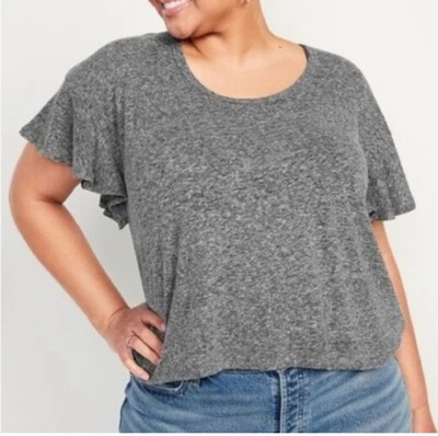 Old Navy Linen Blend Flutter Sleeve Jersey Knit Top Women’s L Gray Relaxed Fit - Image 1 of 4