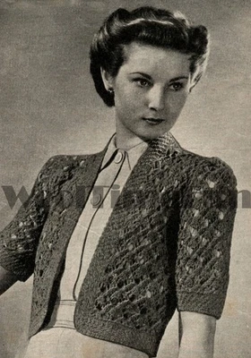 Knitting Pattern Vintage 1930s -  40s Lace Bolero Jacket Cardigan - Image 1 of 2