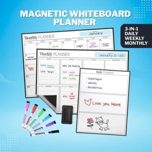 Magnetic Whiteboard Planner 3-in-1 Set Daily Weekly Monthly + 6 Markers & Eraser - Picture 1 of 7