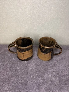 Set Of 2 Vintage Hand Made Stoneware Pottery Coffee Mugs Brown & Black Glazed  - Picture 1 of 9