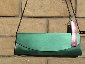 Olga Berg Emerald Green Satin Evening Bag Handbag Black Metal Chain - Picture 1 of 4