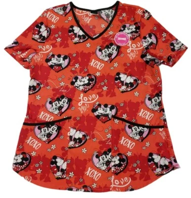Disney Scrubstar Women's Mickey Minnie Mouse Hearts Love V-Neck Scrub Top Large. - Image 1 of 4