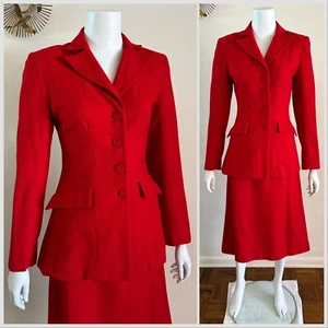 1940s 2 pc Wool Skirt Suit Set Nipped Waist Blazer Jacket Holiday Red WWII VTG - Picture 1 of 24
