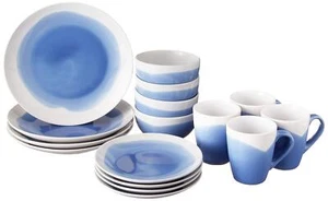 Round Dinnerware Sets | Blue & White Kitchen Plates Bowls And Mugs | 16 Piece St - Picture 1 of 7