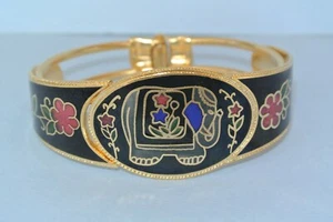 Vintage Cloisonné ELEPHANT with Flowers Hinged Bracelet ~ Excellent Condition - Picture 1 of 5