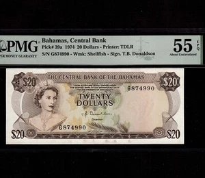Bahamas 20 Dollars 1974 P-39a * PMG AU 55 EPQ * Queen Elizabeth * - Picture 1 of 8