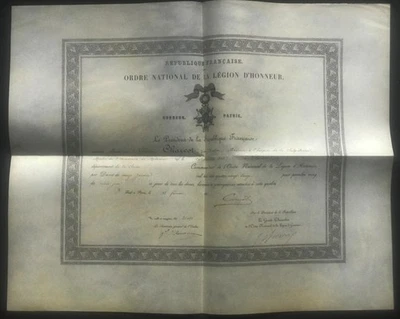 DIPLOMA AWARD CERTIFICATE COMMANDER LEGION OF HONOR BREVET LEGION D’HONNEUR 1892 - Image 1 of 4
