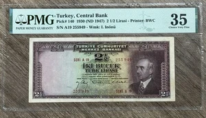 Turkey Antique Banknote 2 1/2 Lirasi 1930 (ND 1947) P-140 VF 35 PMG BILL - Picture 1 of 2