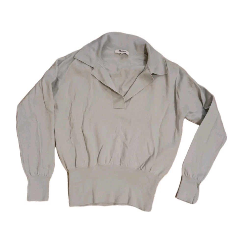 Madewell 100% 美利奴羊毛约翰尼领 Polo 毛衣完好绿色 M Preppy Chic — 第 1/4 张图片